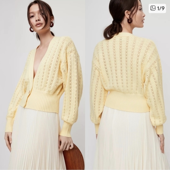 WILFRED Pointelle Plunge Front Cardigan Wool Crochet Oak White XS Aritzia - Picture 5 of 11